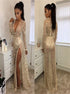 Mermaid V Neck Long Sleeves Sequins Prom Dress with Slit LBQ3790